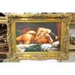 Large 20th century Oil Painting on Board of Two Naked Lovers on a Bed, 60cms x 90cms, contained in a
