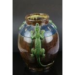 Large Art Pottery Belgium Brown and Blue Glazed Vase with Three Applied Crocodiles, h.40cms