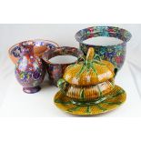 A group of ceramics to include majolica corn tureen and stand two chintz style plant pots and a