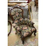 Victorian Spoon and Button Back Armchair with Floral and Scroll Carving to Top Rail and Arms,