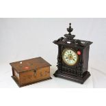 Late 19th / Early 20th century Wooden Cased Mantle Clock together with a Wooden Box with transfer