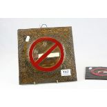Two Mid 20th century Hammered Copper Covered ' No Smoking ' Signs, largest 23cms x 23cms