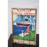 A painted wooden sign Antelles Centre Amerique seated figures watching a liner.