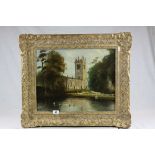 Late 19th / Early 20th century Oil Painting on Canvas, Church by Lake Scene, signed lower left J