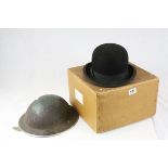 World War II Warden's Helmet together with a Cardboard Boxed Bowler Hat