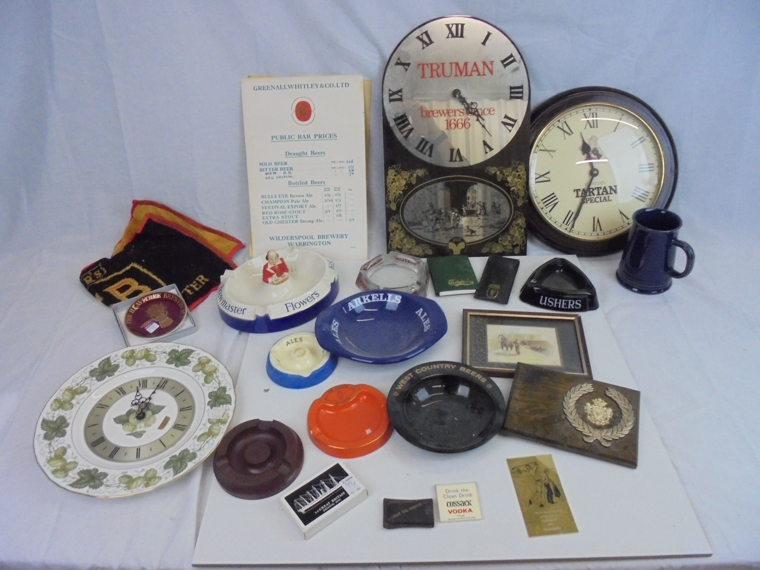 Breweriana - mixed items to include clock, bar towel, Home Brewery darts, pre 1970 bar price lists