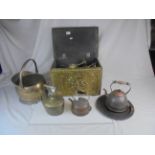 Chest containing group of brass and copper items together with kettles, Player's tray etc