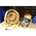 Wicker Baguette Tray, Wicker Basket, Sabatier Baguette Cutter, Stoneware Picking Jar and a Pewter