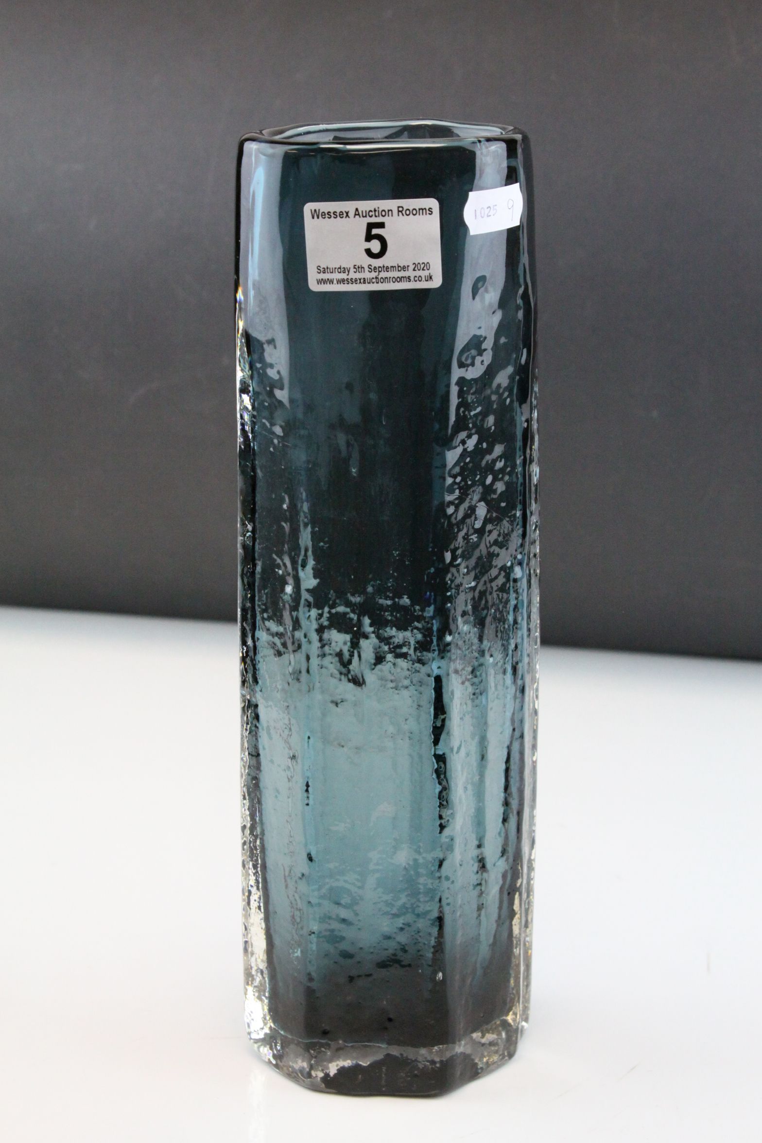 Geoffrey Baxter for Whitefriars, Textured Glass 'Cucumber' vase, pattern 9679 in Indigo, h.30cms