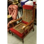 Late Victorian Oak Salon Armchair, with carpet inset upholstery