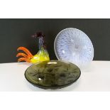 A Murano style Cockerel, a French opalescent Art Deco bowl, Mason's Plate, another Plate and a