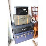 Blue Travelling Trunk, L.92cms h.49cms together with Black Painted Metal Travelling Trunk, Black