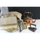 A Copper kettle together with a quantity of brass blow lamps, trivet etc.