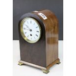 Edwardian Mahogany Domed Cased Mantle Clock, white enamel face with Roman Numerals, raised on