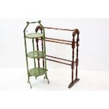 Green Lacquered Folding Cakestand with floral decoration together with a Towel Rail