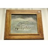 A vintage oil on board of marching penguins