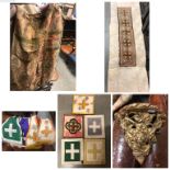 A quantity of religious items to include Chasuble, Altar cloths ,stoles ,framed photographic image