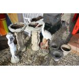 Group of Garden Items including a Reconstituted Stone Stork, Two Bird Baths, Two Bird Bath Bases and