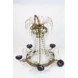 Early to Mid 20th century Gilt Metal Chandelier with Crystal Glass Drops and Blue Glass Flower