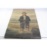 Eveline R Price, Oil on Canvas of Victorian Boy holding a Crab and stood in the sea, signed lower