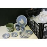 A large quantity of green and blue Wedgwood Jasperware to include plates ,bowls vases etc.