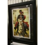 A large framed art potser of figures on horseback, inscribed 'Sevilla 1964', 63 x 41cm