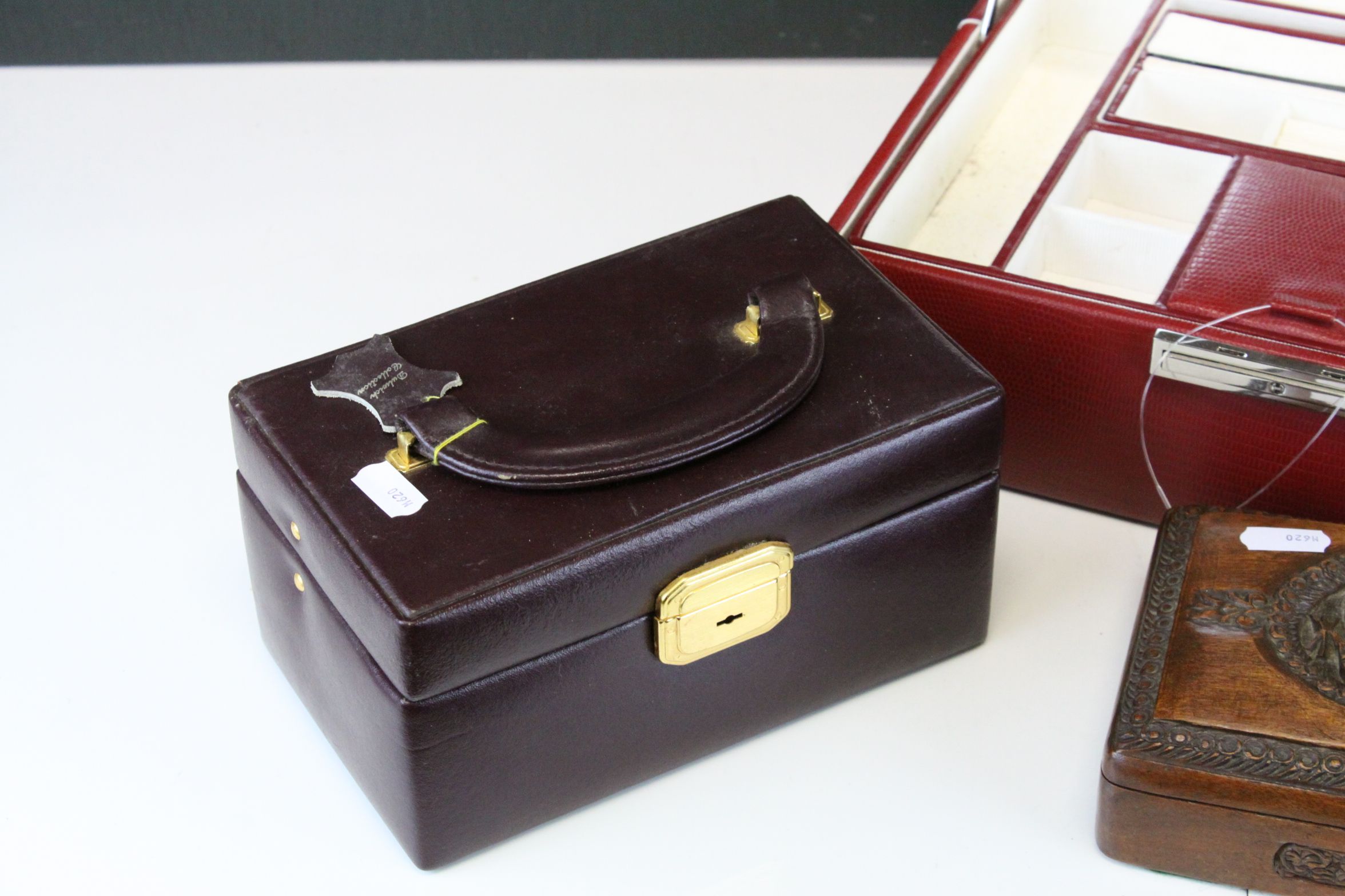 A red leather jewellery box with key, one other and a carved hardwood box. - Image 3 of 5