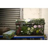 Floral Painted Victorian Tin Travelling Trunk. L.69cms together with a Metal Cash Tim painted with