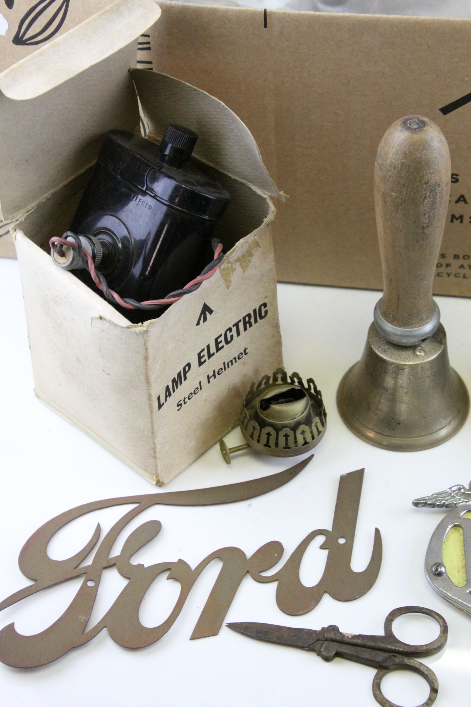 Mixed Lot including Hand Bell, Riley Caps, Vintage AA Badge, Spring Scales, Ford Car Badge, Lamp - Image 2 of 6