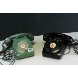 Two vintage dial telephones, green and black.
