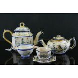 Henriot Quimper Faience Pottery Teapot and Cup & Saucer together with a Quimper Quaiche and a