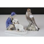 Two Danish Copenhagen B & G Porcelain Models - Girl with Dog no. 2163 F and Bird no. 2020 B, bird