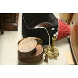 A vintage hunting horn, a brass octagonal table lamp, a group of graduating oval wooden boxes etc.