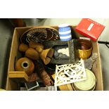 A box of sundries to include biscuit barrel, silver mounted scent bottle, treen, pottery etc.