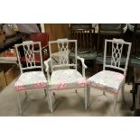 Set of Three Pale Green Painted Dining Chairs (including a carver) with Floral Upholstered Seats