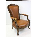 French Style Leather and Brass Studded Upholstered Open Armchair