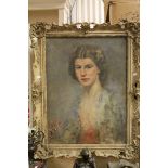 A mid 20th century gilt framed , oil on canvas portrait young lady paper label verso with artist