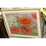 Halliday, 20th century watercolour scene, study of red poppies with pierhead in background, 64 x