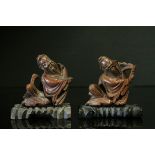 Two Chinese Wooden Carved Figures of Seated Immortals on Stands, h,6.5cms