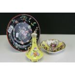 A yellow ground floral decorated Dresden two handled vase, an Augustus Rex pin dish and a
