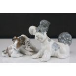 Two Lladro Dogs - Grey and White Terrier plus Terrier with Butterfly on Tail, largest 15cms high