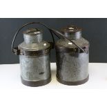 Pair of Galvanised and Iron Lidded Milk Churns with Swing Handles, 40cms high