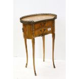 French Walnut Kidney Shaped Side Table with gilt brass gallery rail, two small drawers and raised on