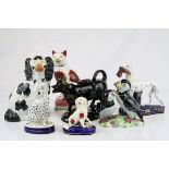 Collection of Ceramics including Four Staffordshire Dogs, Jackfield Black Cow Creamer with Gilt