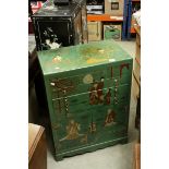 Oriental Green Lacquered Canteen of Cutlery Cabinet with painted decoration heightened in gilt