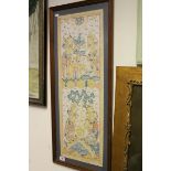 A framed Asian painting on silk panel of goddesses in a garden setting 90 x 35 cm