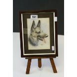 A framed watercolour of an Alsation dog signed and dated 38,
