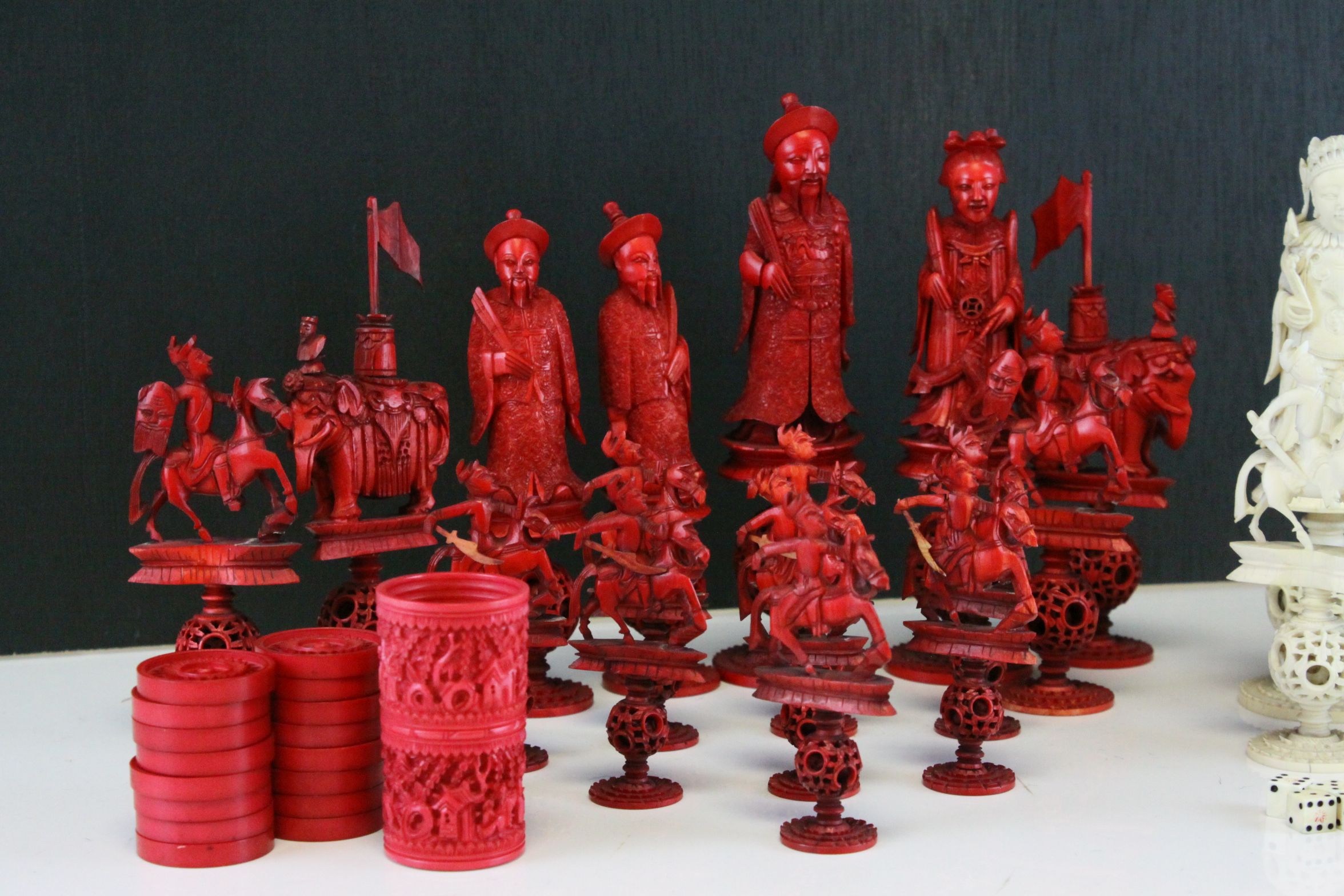 A 19th Century Chinese export carved ivory figural chess set, Canton. The white and red side - Image 2 of 26