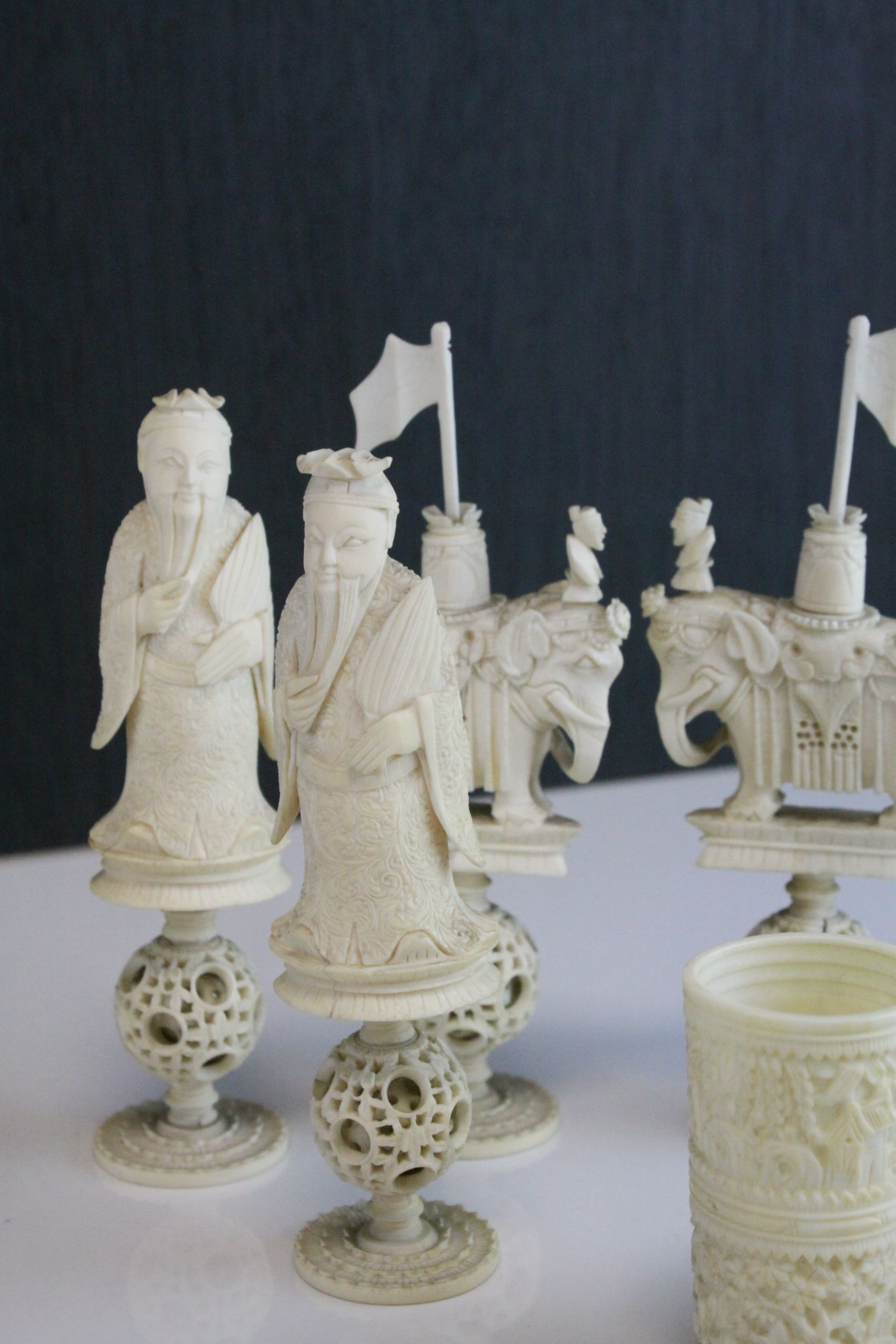 A 19th Century Chinese export carved ivory figural chess set, Canton. The white and red side - Image 18 of 26