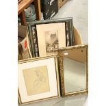 A group of pictures and prints mirrors to include pencil drawing of nude signed Colin Alison.